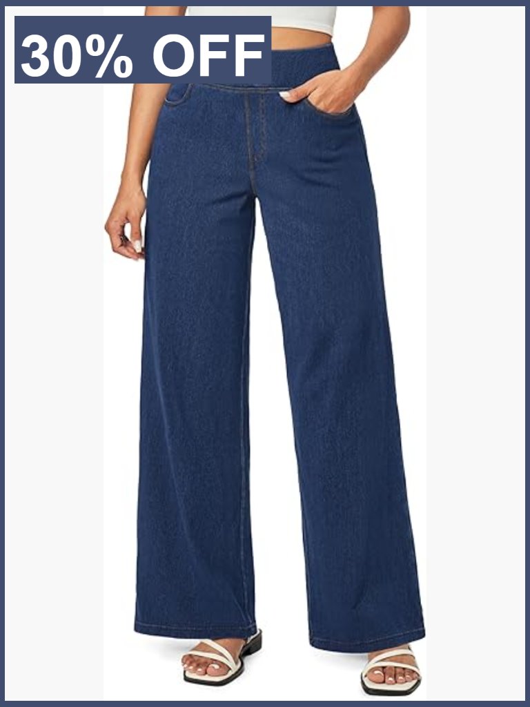 High Waisted Pull On Wide Leg Jeans Stretchy Baggy Denim Pants